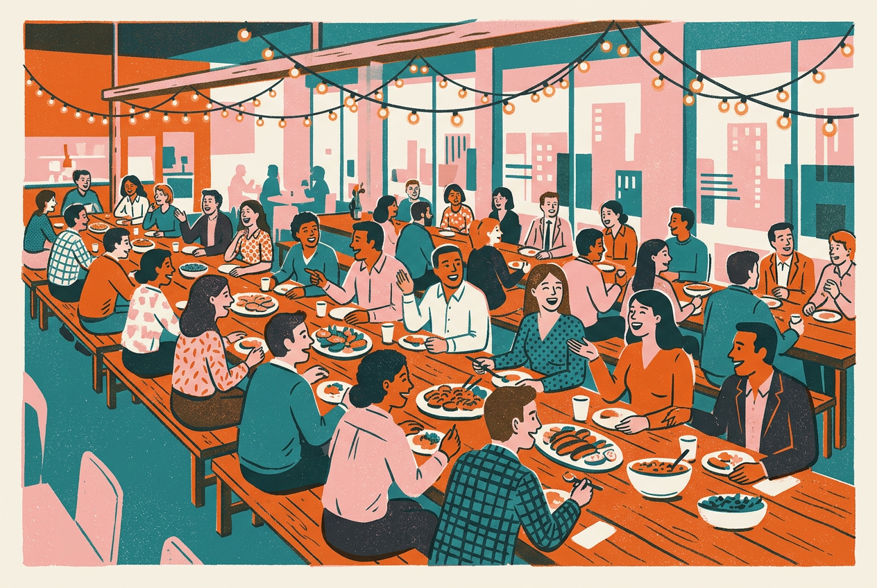 Illustration de collègues attablés à une très longue table de cantine