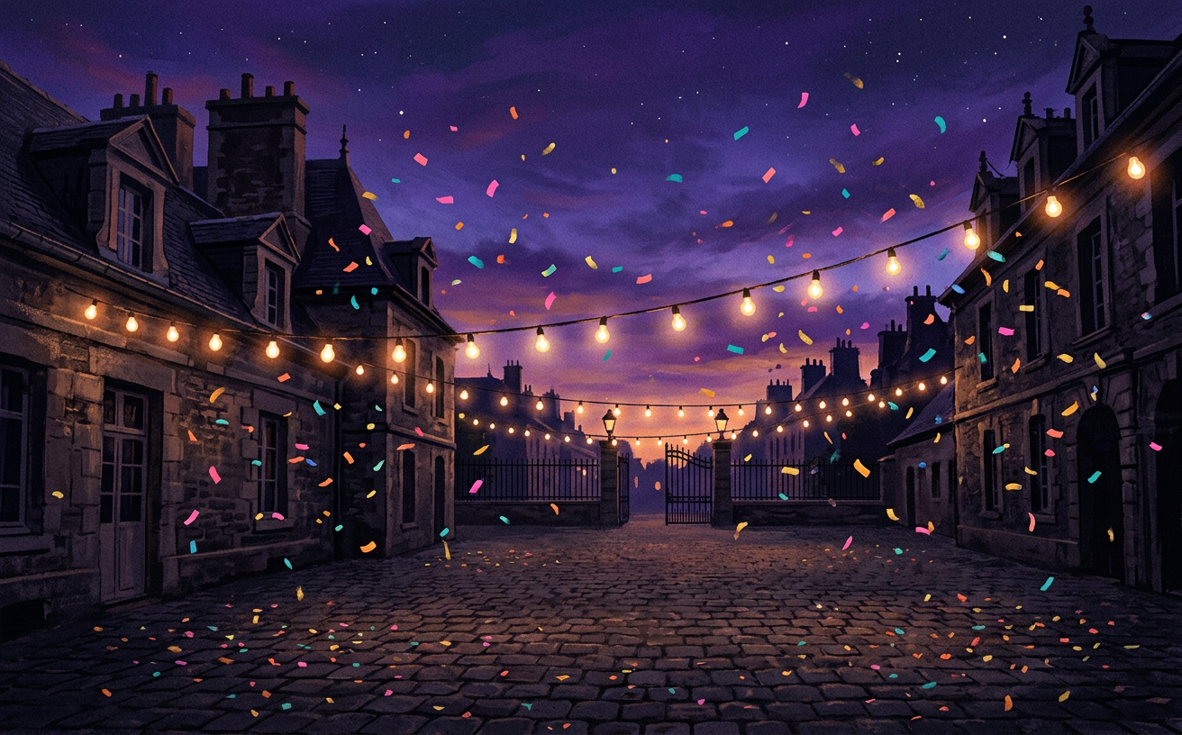 Cour pavée du Beaujolais au crépuscule, guirlandes lumineuses et confettis