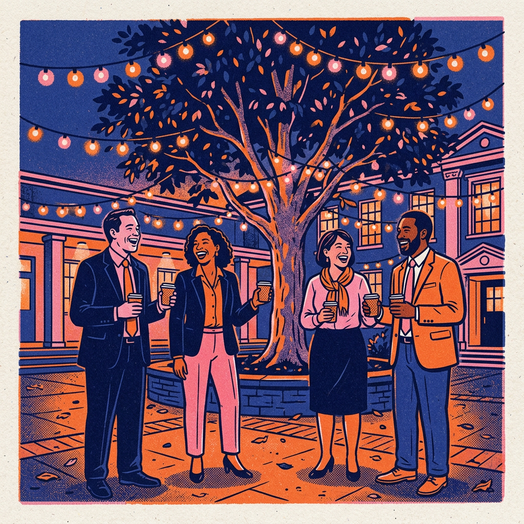 Illustration de collègues qui rient sous un arbre et des guirlandes lumineuses