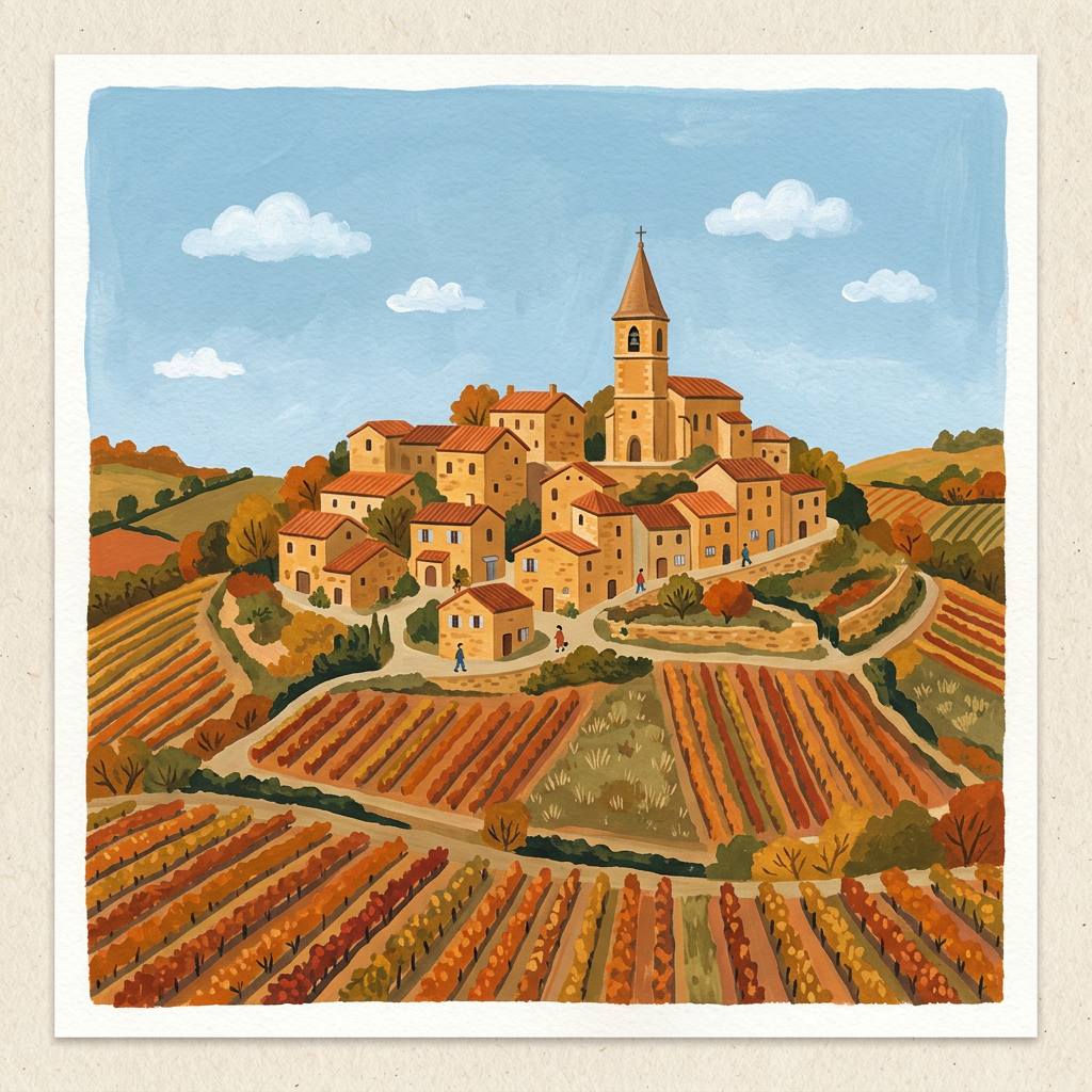 Illustration d’un village perché entouré de vignes aux couleurs d’automne