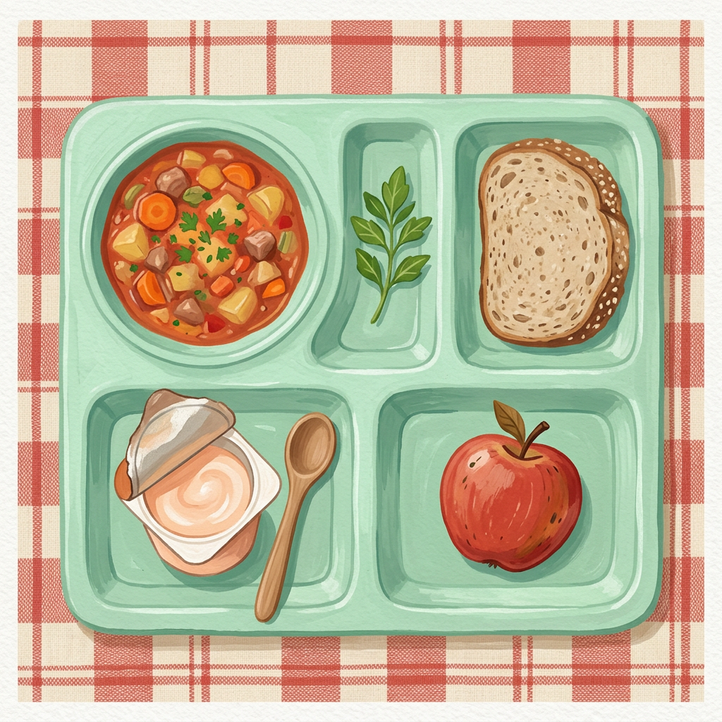 Illustration d’un plateau de cantine avec soupe, pain, yaourt et pomme