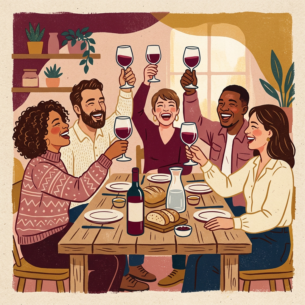 Illustration de convives qui trinquent autour d’une table en bois